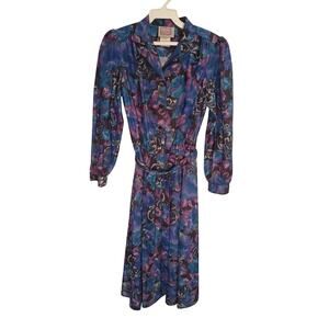 Vtg 80s California Looks Blue/Purple Tone Floral Dress Secretary SZ 6P B15